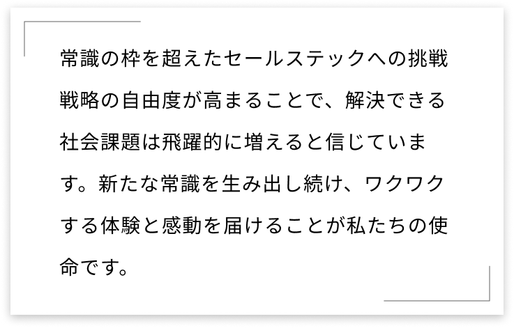 常識の枠を超えたセールステックへの挑戦-戦略の自由度が高まることで、解決できる社会課題は飛躍的に増えると信じています。新たな常識を生み出し続け、ワクワクする体験と感動を届けることが私たちの使命です。