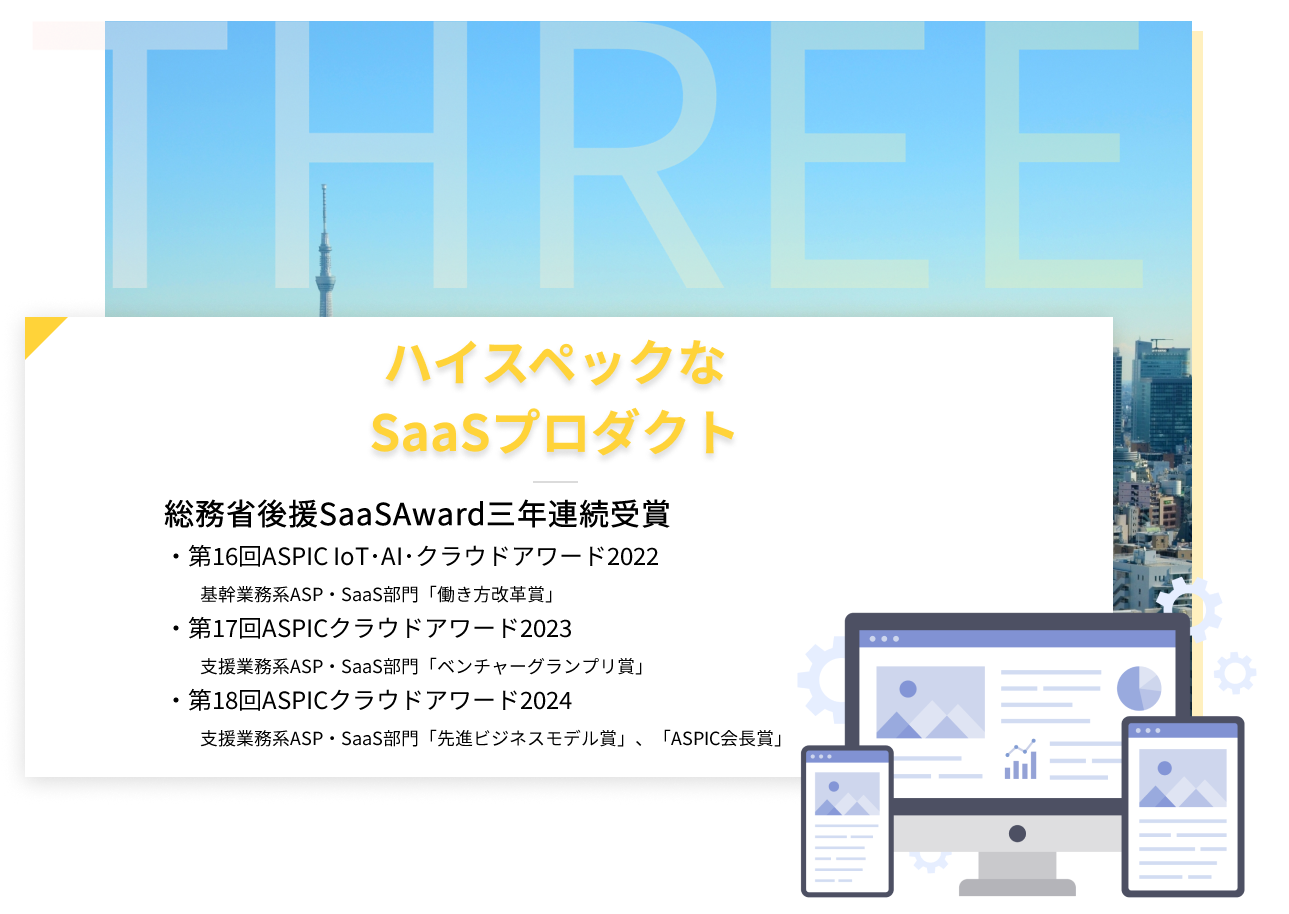 3、ハイスペックなSaaSプロダクト-総務省後援SaaSAward三年連続受賞・第16回ASPIC