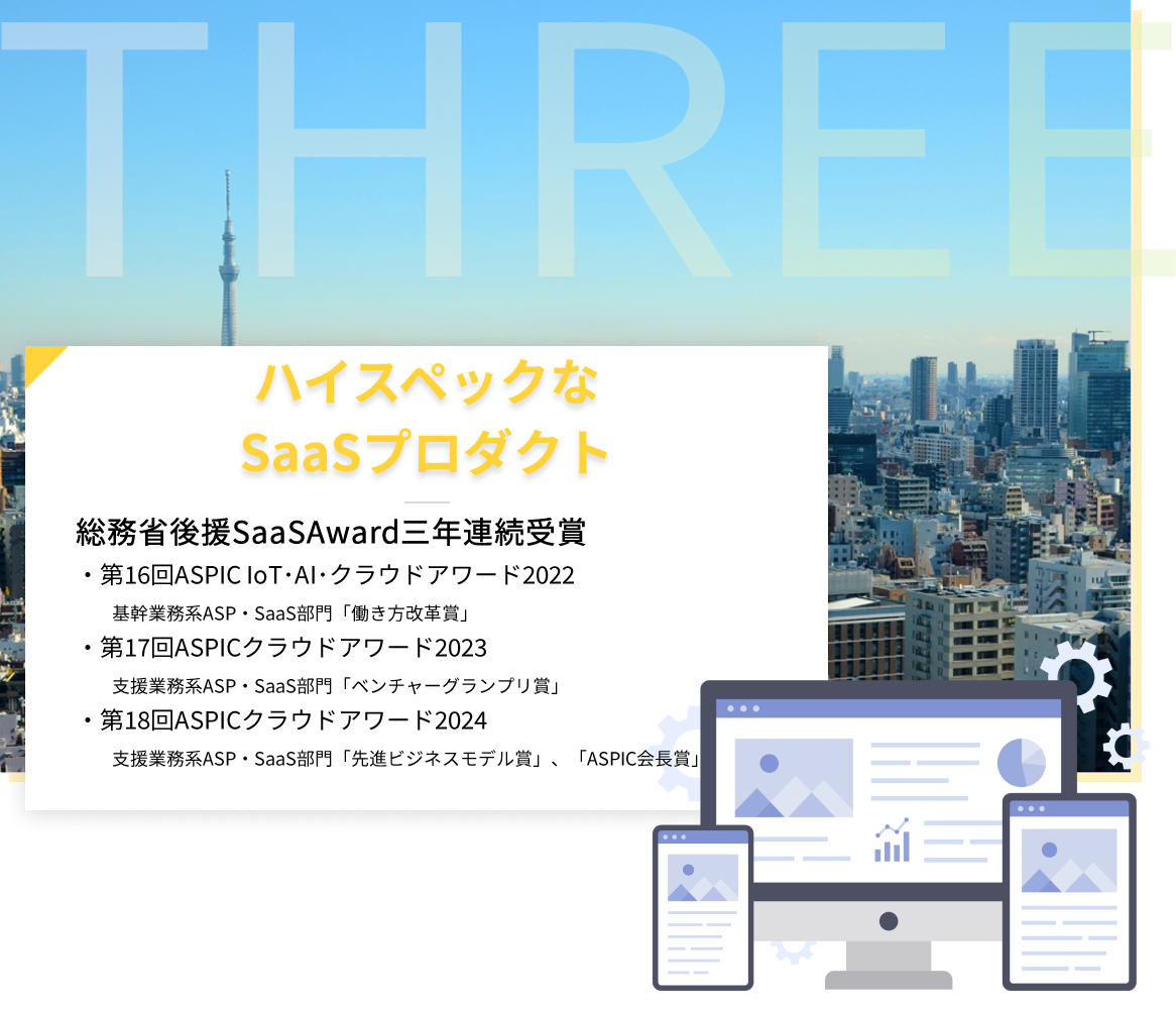 3、ハイスペックなSaaSプロダクト-総務省後援SaaSAward三年連続受賞・第16回ASPIC IoT･AI･クラウドアワード2022／基幹業務系ASP・SaaS部門「働き方改革賞」・第17回ASPICクラウドアワード2023／支援業務系ASP・SaaS部門「ベンチャーグランプリ賞」・第18回ASPICクラウドアワード2024／支援業務系ASP・SaaS部門「先進ビジネスモデル賞」、「ASPIC会長賞」